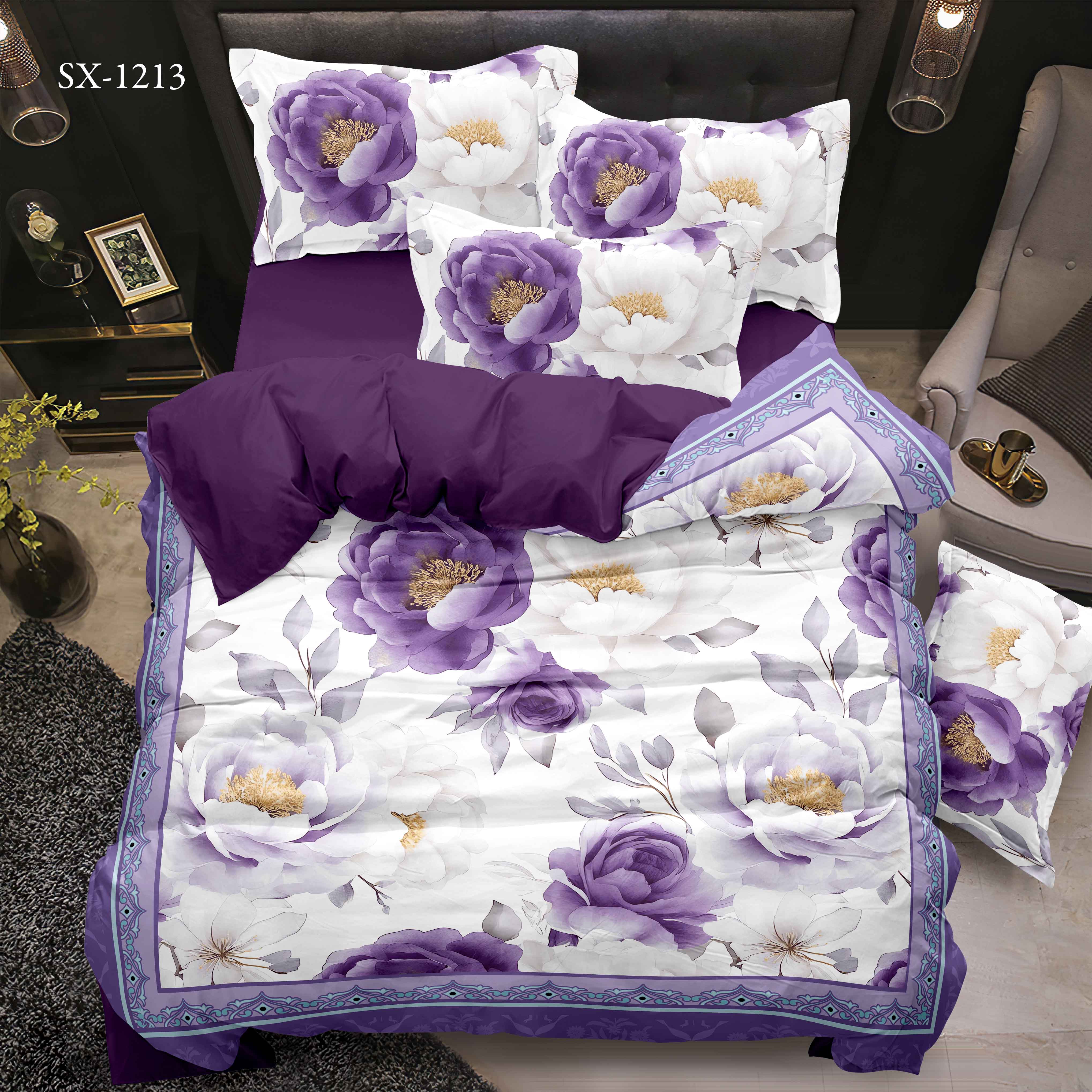 Ensemble de draps de lit imprimé numérique 5d floral avec pivoine violet et conception de bordure décorative