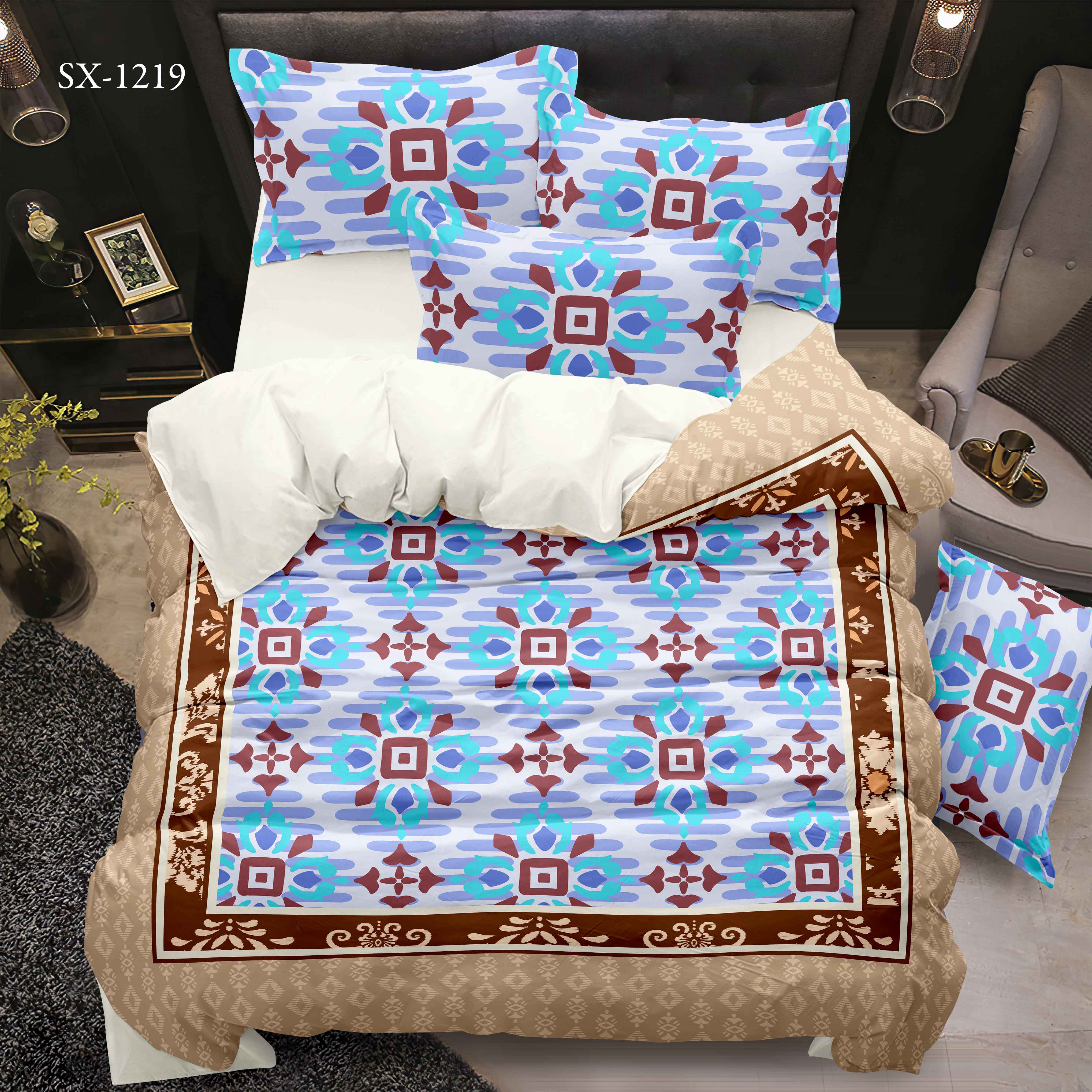 Ensemble de draps de lit imprimé numérique 5d avec mosaïque géométrique et conception de bordure décorative