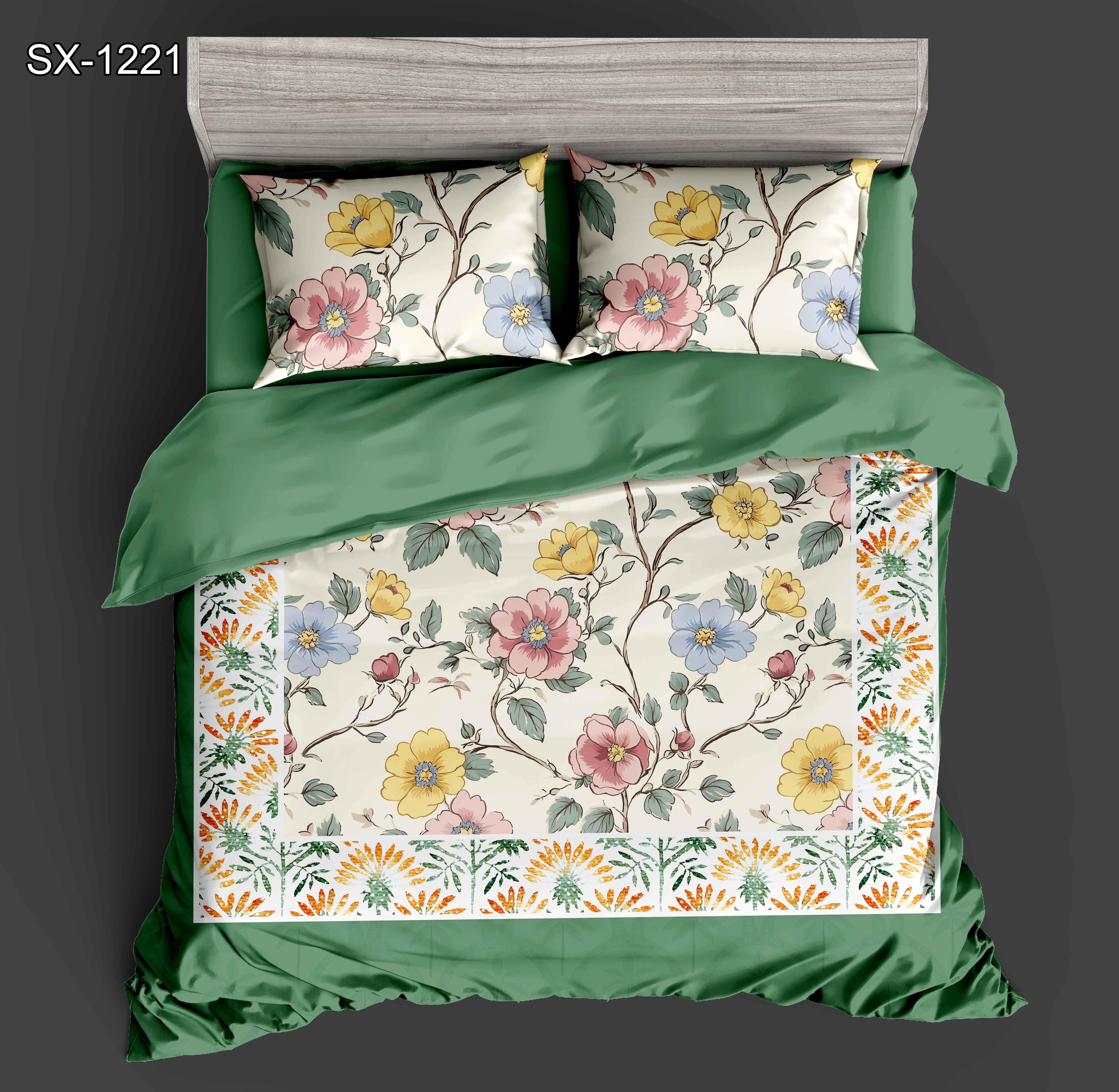 Ensemble de draps de lit imprimé numérique 5d floral avec fleur multicolore et conception de bordure botanique