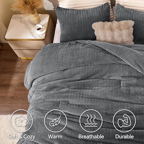 Ensemble d'édredon réversible en flanelle tricotée et en velours – Ensemble de literie 3 pièces à texture de feuille 3D