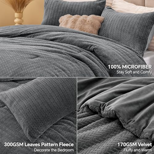 Ensemble d'édredon réversible en flanelle tricotée et en velours – Ensemble de literie 3 pièces à texture de feuille 3D