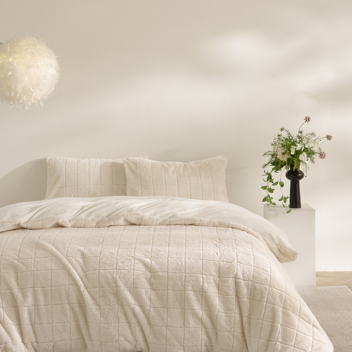 Parure de lit 3 pièces en fausse fourrure de lapin et velours de lait à carreaux – Parure de lit 3 pièces en jacquard doux