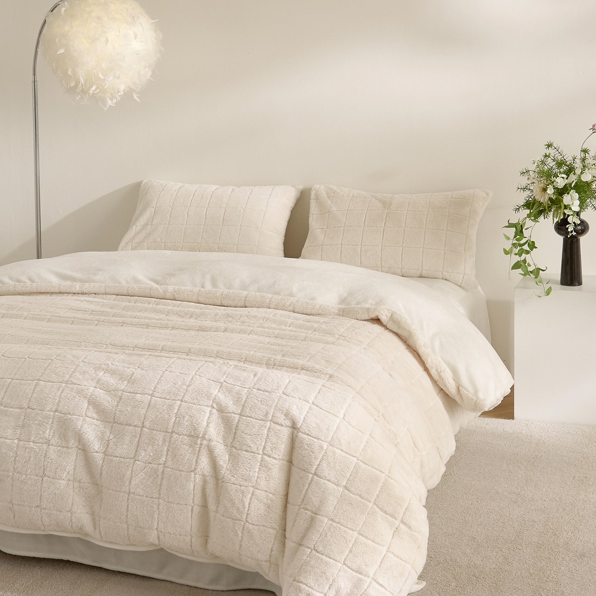 Parure de lit 3 pièces en fausse fourrure de lapin et velours de lait à carreaux – Parure de lit 3 pièces en jacquard doux