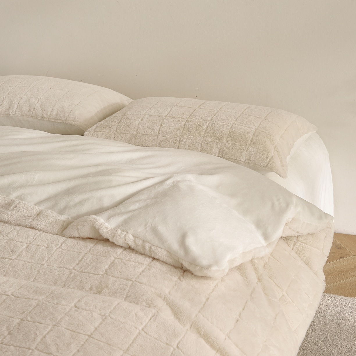 Parure de lit 3 pièces en fausse fourrure de lapin et velours de lait à carreaux – Parure de lit 3 pièces en jacquard doux