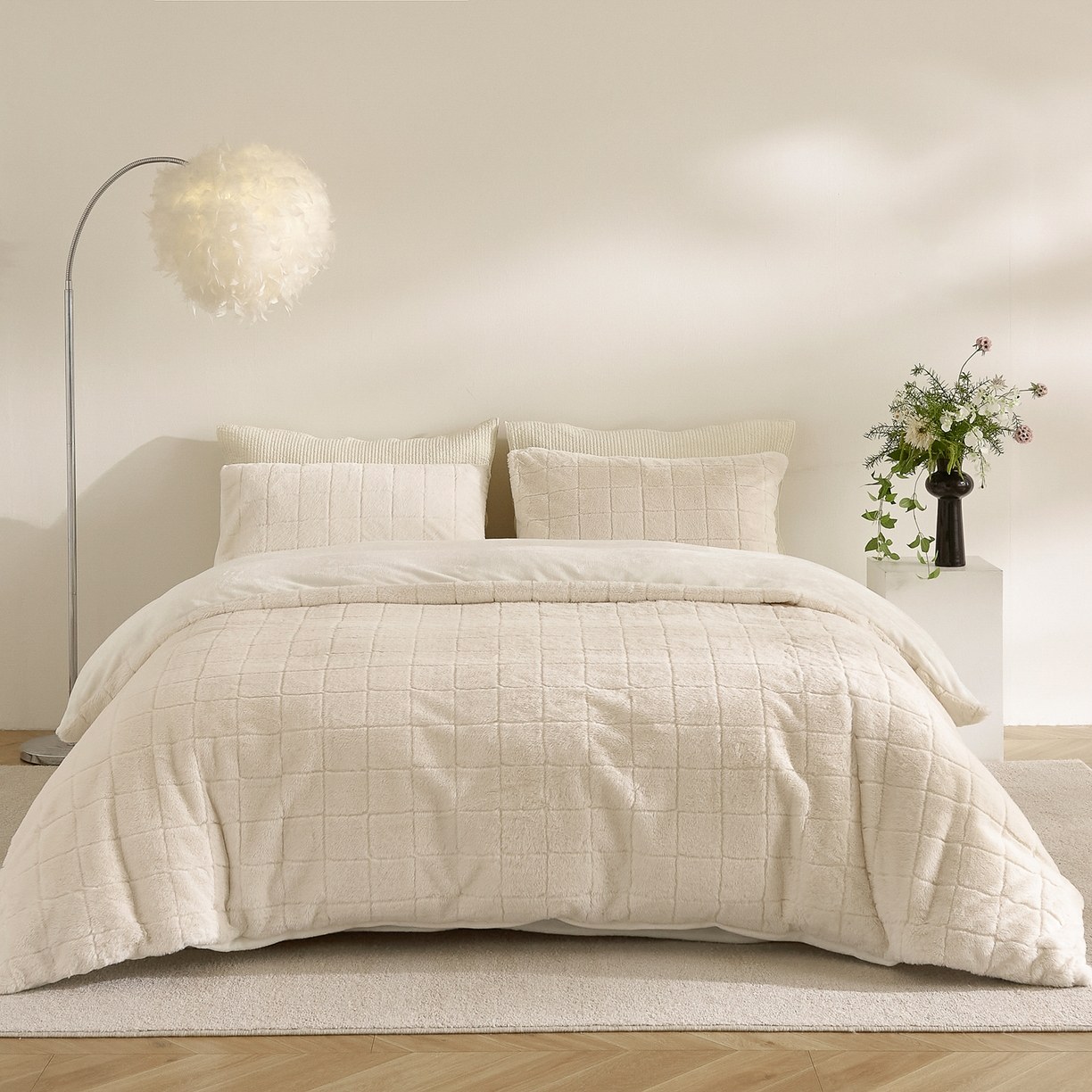 Parure de lit 3 pièces en fausse fourrure de lapin et velours de lait à carreaux – Parure de lit 3 pièces en jacquard doux